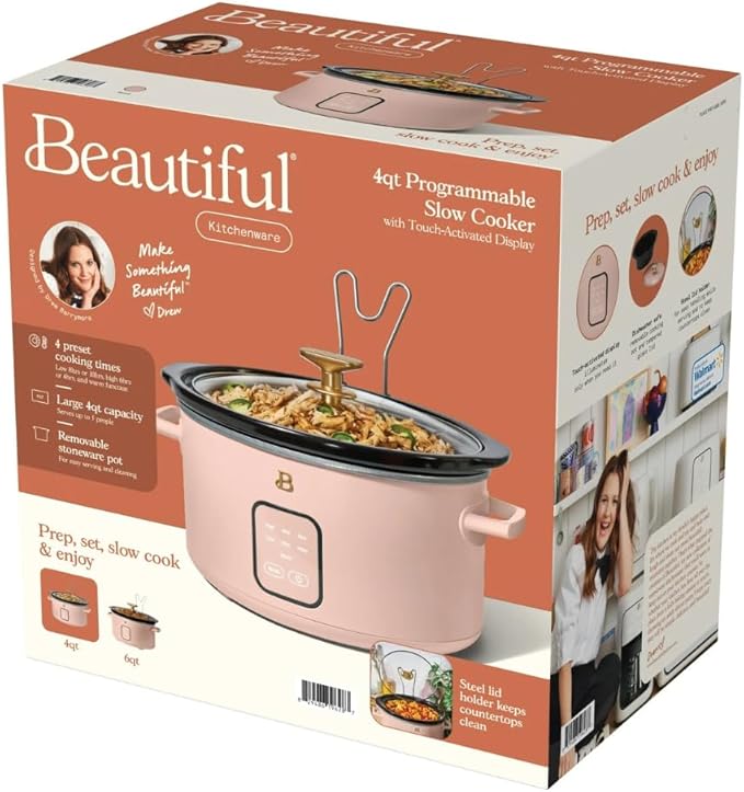 Beautiful 4-Quart Slow Cooker with Touch-Activated Display, Programmable Digital Controls, Removable Non-Stick Pot, Keep Warm Function, by Drew Barrymore (Rose)