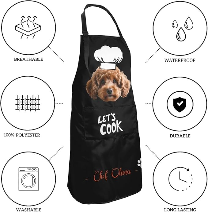 Custom Dog Face Apron for Men Women, Personalized Photo Bib Apron with Pockets, Customized Chef Aprons