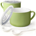 Soup Bowls with Handles & Spoons, 30oz Ceramic Ramen Bowl with Lid, Large Soup Mugs/Cups for Instant Noodle, Big Cereal Bowls for Oatmeal, Soup Containers with Lids, Set of 2, Grass Green