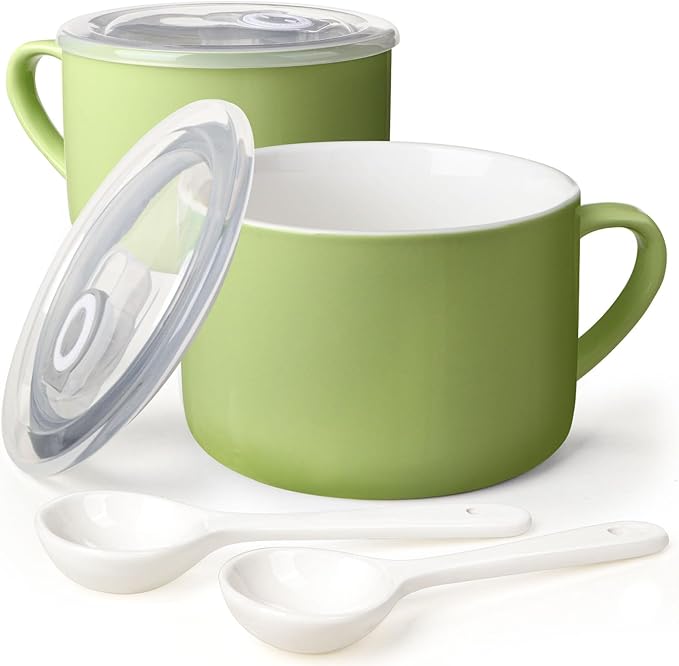 Soup Bowls with Handles & Spoons, 30oz Ceramic Ramen Bowl with Lid, Large Soup Mugs/Cups for Instant Noodle, Big Cereal Bowls for Oatmeal, Soup Containers with Lids, Set of 2, Grass Green