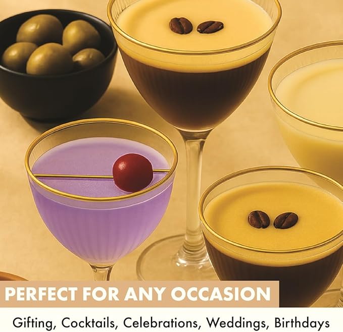 VEMACITY - Ribbed Nick and Nora Cocktail Glasses with Gold Rims (5.4oz) | Nick & Nora Glasses Set of 4, Jigger & 4 Picks - Vintage Glassware | Gimlet Cocktail Glasses | Ideal for Christmas & New Years