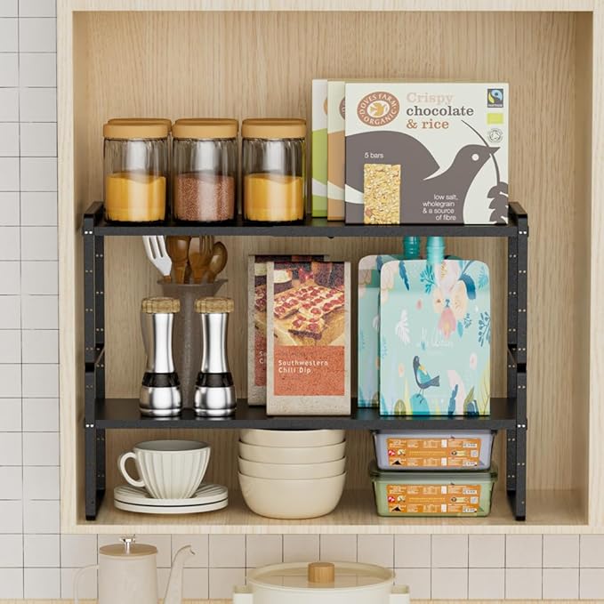 Slideep Expandable Counter Organizer Shelf, Stackable Cabinet Shelves Organizer Storage Rack Cupboard Stand Spice Rack for Kitchen Bathroom Pantry Black -2 Set