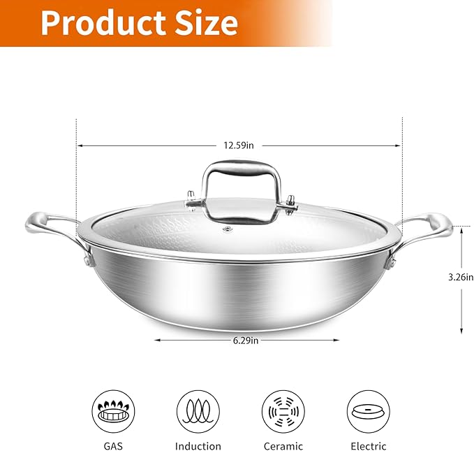 DELARLO Wok Pan With Lid 12 Inch Non stick wok,Oven Safe Up to 600℉,Woks & Stir-Fry Pans Nonstick,Tri-Ply Stainless Steel Wok, 5QT Nonstick Deep Frying Pan, Induction Saute Pan With Lid