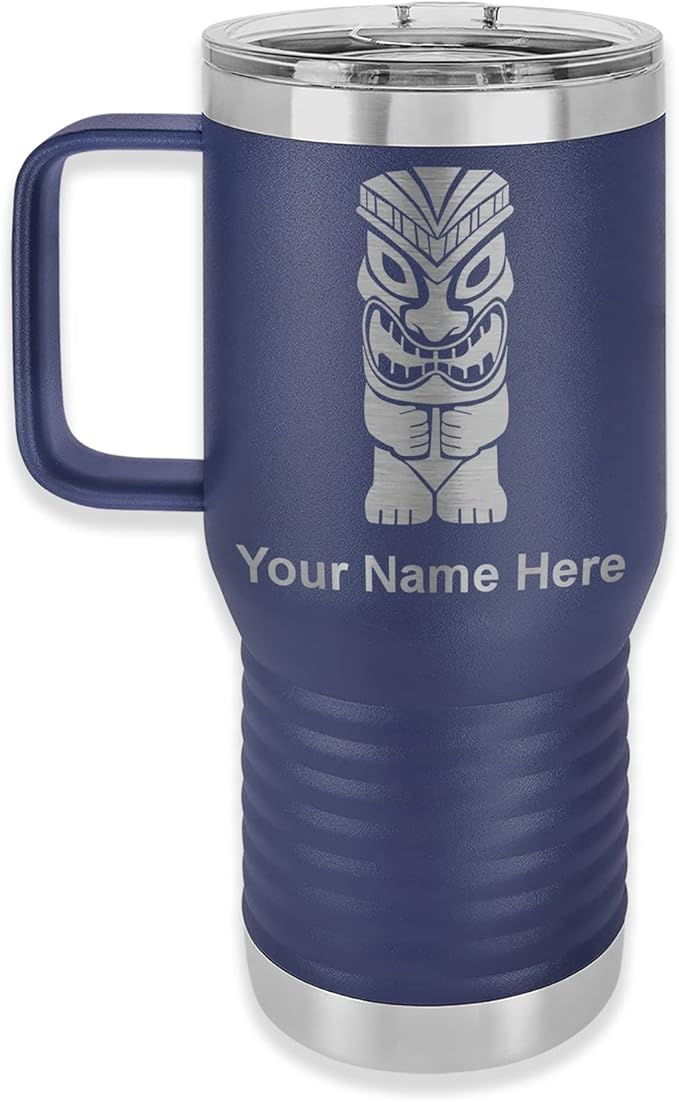 LaserGram 20oz Vacuum Insulated Travel Mug with Handle, Tiki Statue, Personalized Engraving Included (Navy Blue)