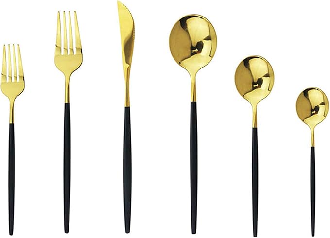 JASHII 18/10 Silver Silverware Set Stainless Steel Flatware Utensils Set Gold Cutlery Set| 36-Piece Modern Cubiertos Dorados| BEST Birthday Wedding Gift (6 sets, Black Handle Gold Mirror Polish)