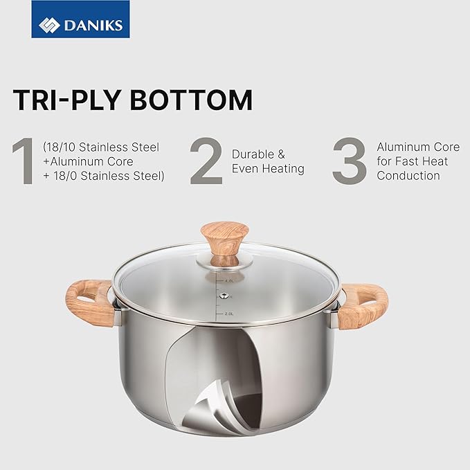 Daniks Oslo 6-Piece Stainless Steel Induction Cookware Set – Dishwasher Safe Pots with Heatproof Handles, Glass Lids, Silver