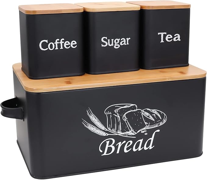 SOTECH Bread Box with 3pcs Jars Coffee Sugar Tea for Kitchen Countertop White Metal Bread Box with Bamboo Board Cover Pastry Storage Container Set Kitchen decor (Black Box and Jars)