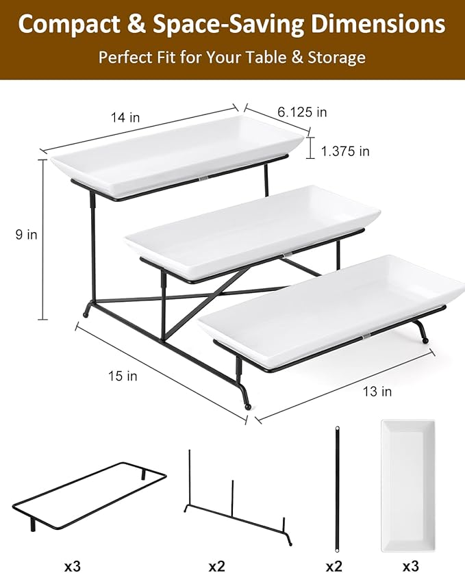 Yedio 3 Tier Serving Tray Set 14 Inch Porcelain Tiered Serving Trays Platters, Collapsible Sturdier Stand with Stable Cross Bars, Three Layer Serving for Party Entertaining Food Display Fruit Dessert