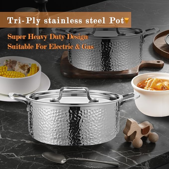 Vivicreate Tri-Ply Stainless Steel Stockpot – Deep Cooking Pot with Hammered Exterior, Compatible with All Stovetops, Even Heat Distribution, Durable Cookware for Soups, Stews, and More(5QT)