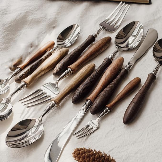 20 Piece Silverware Set Service for 4,Premium Wooden Handle Stainless Steel Flatware Set Home Include Fork Knife Spoon Set Gift Package for Christmas and Thanksgiving（Light Brown）
