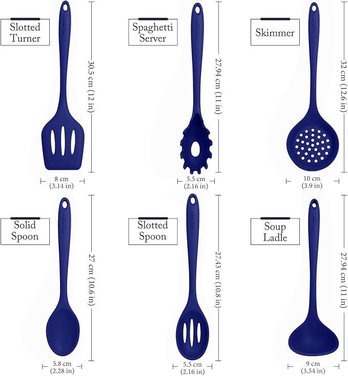 Culinary Couture Blue Silicone Kitchen Utensils Set of 6, Non-Stick Heat-Resistant Silicone Kitchen Utensils Set with Steel Inner Core