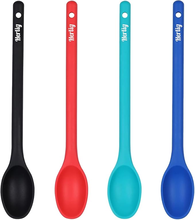 HERLIG™ 4 Pieces Large Silicone Mixing Spoon 12 Inches Heat Resistant Basting Spoon Food Grade Utensil Spoon Non-Stick Spoon for Mixing, Baking, Serving and Stirring