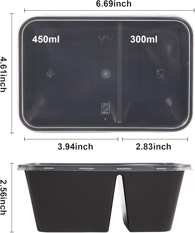 10 Pack 28 oz Meal Prep Containers Reusable with Lids, 2 Compartment Food Storage Containers To Go for Lunch Microwavable, Disposable Plastic Box to Take out, Freezer and Dishwasher Safe