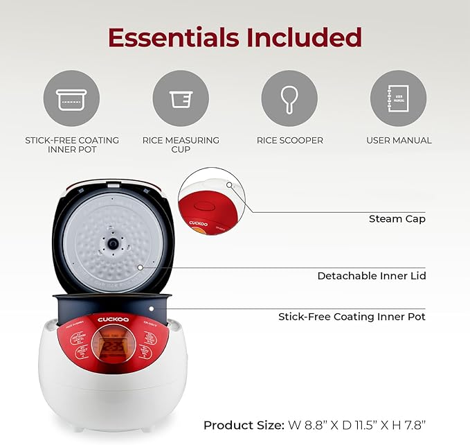 CUCKOO Micom Rice Cooker 6 Cup Uncooked / 12 Cup Cooked, Korean Fuzzy Logic Rice Cooker Small with Delay Timer & Keep Warm Setting, Versatile Food Steamer with Non-Stick Inner Pot, Red (CR-0351F)