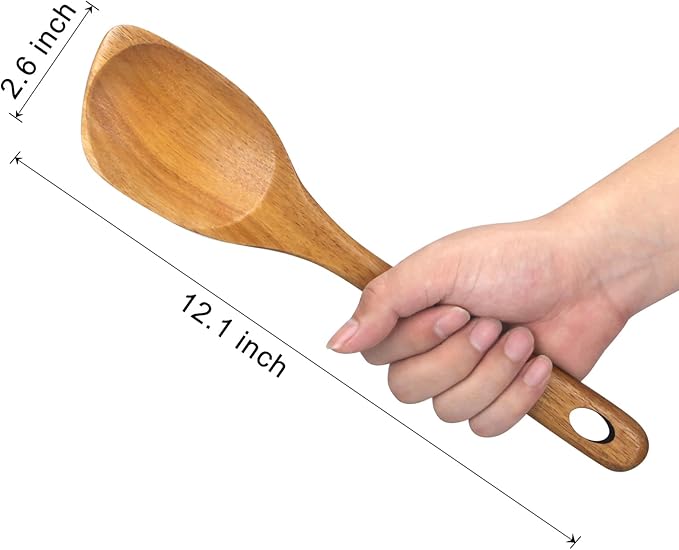 Large Wooden Spoons for Cooking Spatula Non Toxic Teak Kitchen Utensil Best Acacia Wood Cooking Spoon for Mixing Serving Non Stick Bamboo Kitchen Utensils Big Corner Stirring Spoon Long Handle Spatula