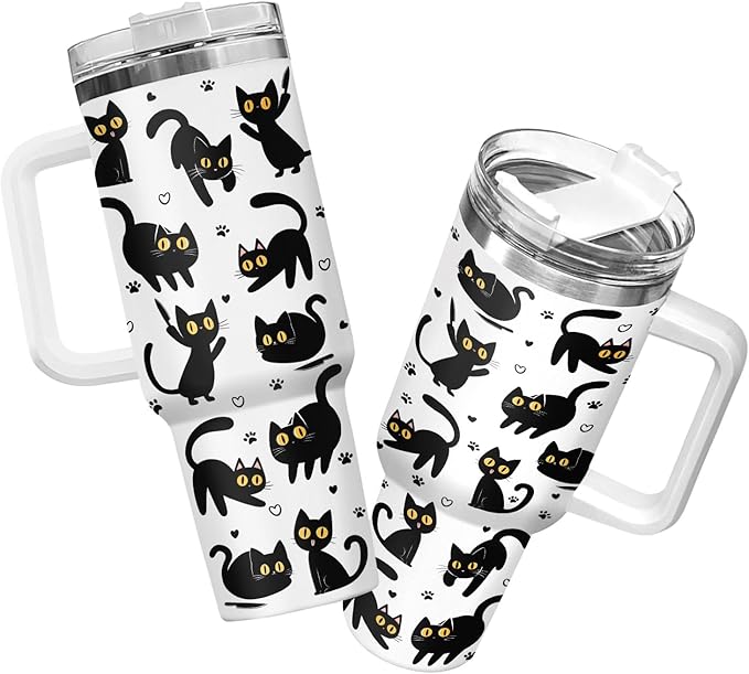 34HD Black Cat Coffee Tumbler with Handle and Straw, 40oz Stainless Steel Insulated Kitty Mug with Lid, Cute Pet Gifts for Women Men on Birthday Mothers Day Halloween Christmas