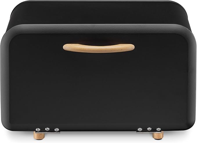 Navaris Bread Box - Metal Bread Bin Storage Tin with Front Opening Drop Down Door for Kitchen Counter or Shelf - Breadbox Storage Container - Black