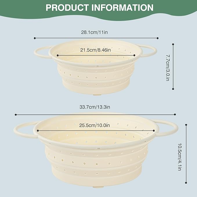 Strainers and Colanders, Silicone Collapsible Sink Collander, 13in, Strainers and Colanders for Kitchen, Large Drainer for Vegetable, Food, Pasta (White) (2)