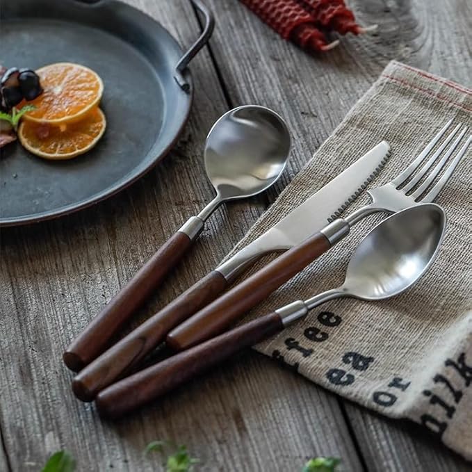 Walnut Wooden Silverware Set Flatware Set for 4 Exquisite Ergonomic Wood Handle Utensil Sets 18 10 Stainless Steel Cutlery Sets Include Fork Knife Spoon Matte Tableware,Dishwasher Safe