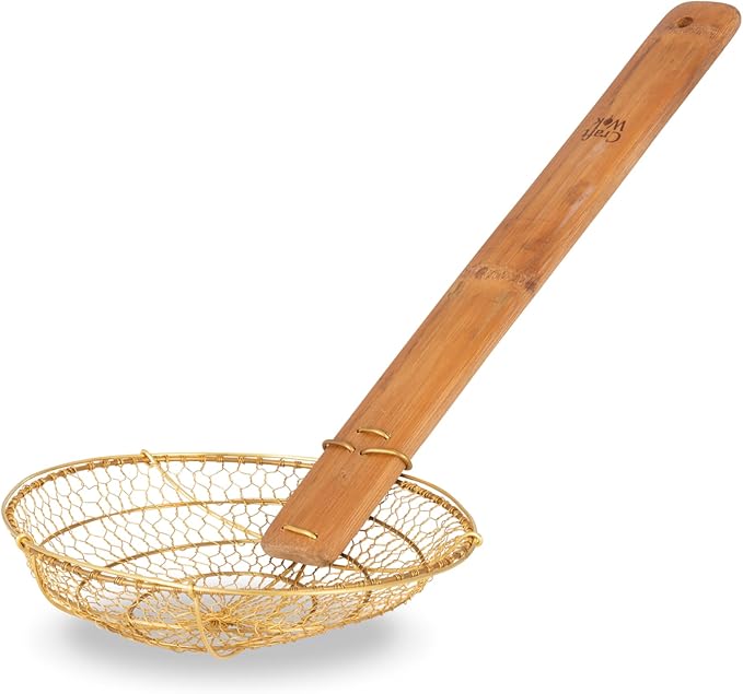 Craft Wok Medium 8-Inch Brass Mesh Strainer/Spider Skimmer Zhao Li, Robust & Elegant Kitchen Tool for Frying & Straining, Authentic Oriental Cookware - / 732W7-8in