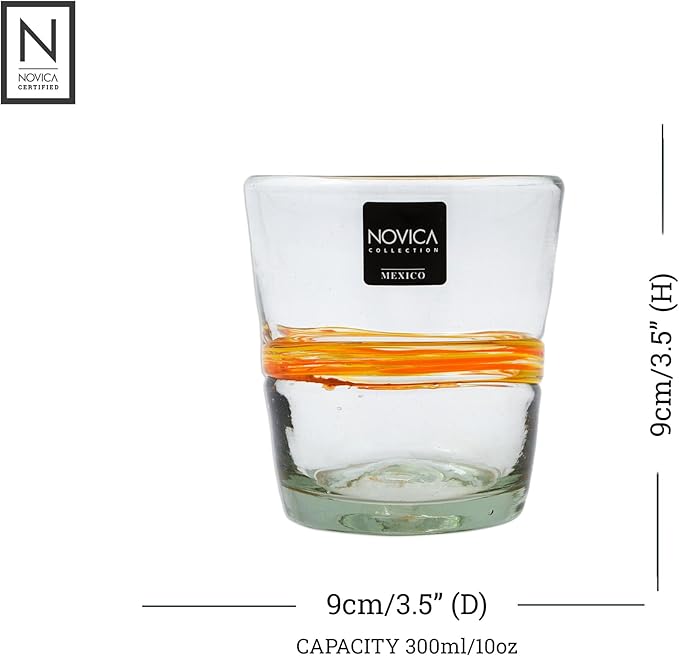 NOVICA Artisan Handblown Recycled Ecofriendly Rock Glasses Set 6 in Golden Hues Clear Yellow Mexico Tableware Drinkware Tumbler Juice Striped Misted Hacienda [ 3.5in H x 3.5in Diam. 10 Oz.] ' Ribbon