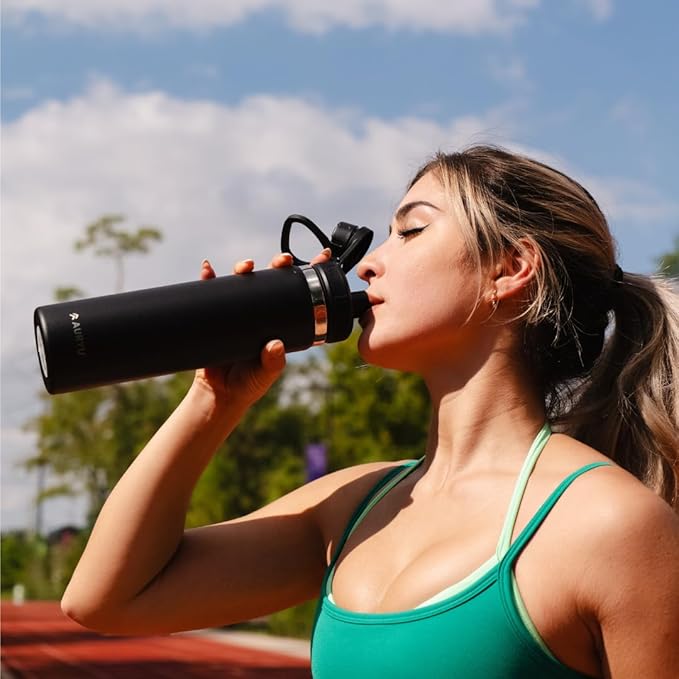 Black 24oz Triple-Walled Stainless Steel Water Bottle – Leak Proof, BPA-Free Thermos with Bonus Spout Lid – Wide Mouth Flask for Travel, Hiking, Gym, Hot & Cold Use