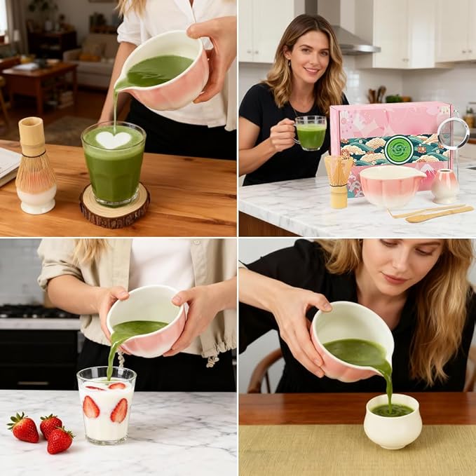 Matcha Whisk Set, 6 PCS Matcha Set-Ceramic Bowl, Matcha Whisk, Whisk Holder, Scoop, Spoon & Sifter, Complete Tea Ceremony Kit Set, Gift Box for Friends & Family, Christmas, Birthday (Pink)
