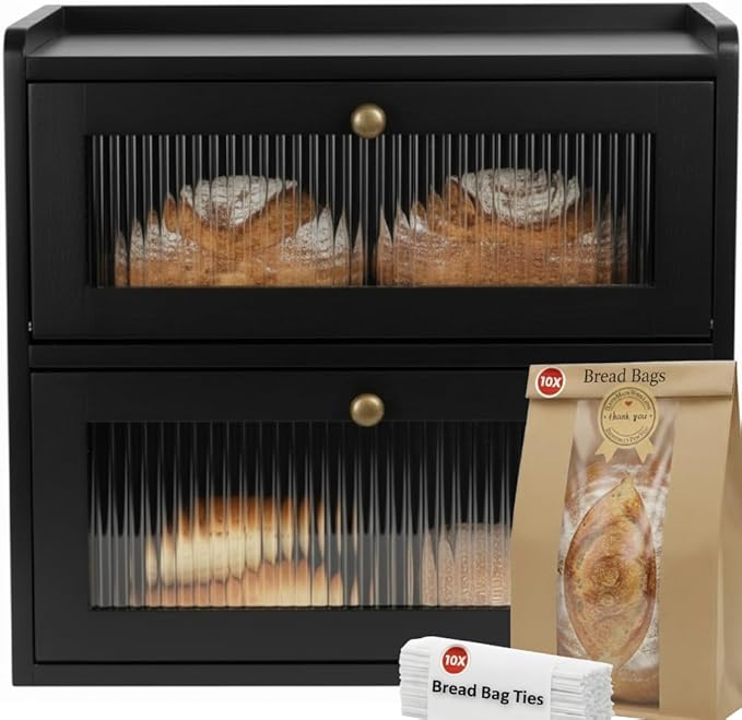 Bread Box for Kitchen Countertop - Wooden 2 Tier Bread Box with 10x Bread Bags and 10x Bread Bag Ties Vintage Breadbox Bread Storage Container Farmhouse Food Organizer Pantry Shelf (Black)