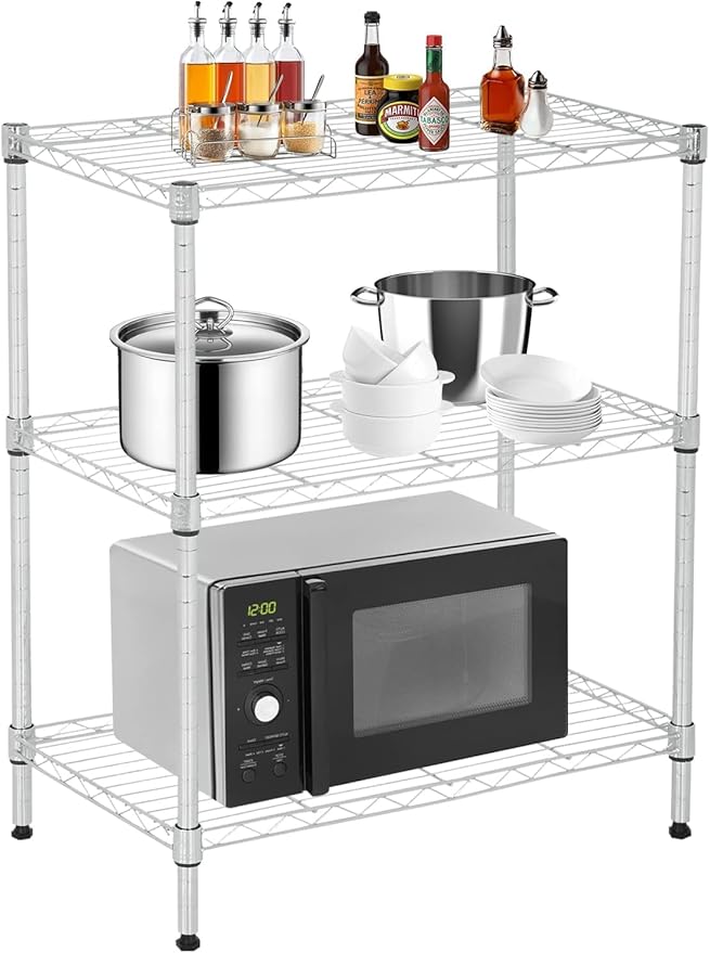 3 Tier Shelf Adjustable Wire Shelving Unit Metal Shelves with Leveling Feet Storage Rack for Kitchen Bathroom Utility Shelf Space Saving, 450lbs Capacity, 13"x23"x30"H, Chrome
