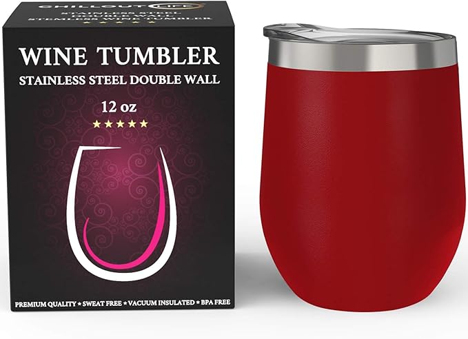 CHILLOUT LIFE 12 oz Stainless Steel Wine Tumbler with Lid - Double Wall Vacuum Insulated Wine Cup Glass Keeping Cold & Hot for Coffee, Champagne, Cocktails, Ice Cream - Powder Coated Red