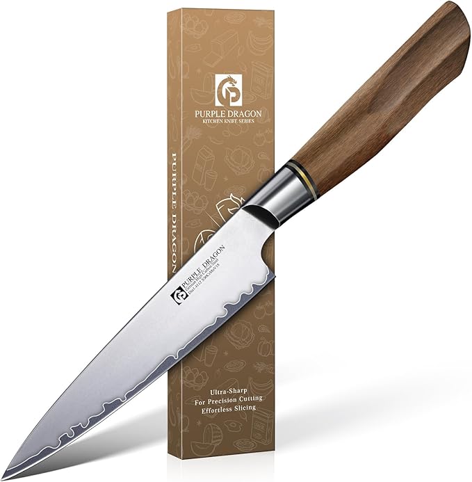 Purple Dragon Kitchen Utility Knife 5.1 Inch, Vg10 Steel Ultra Sharp Blade, Small Kitchen Fruit Paring Knife with Ergonomic Wooden Handle Christmas Gift for Men and Women