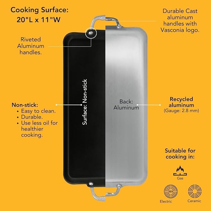 Vasconia Durable Double Burner Griddle (20″ x 11″) 100% Pure Aluminum with Nonstick - NSF Certified - for Frying, Searing, Grilling, Browning, Ideal for Home & Commercial Kitchen - Pack of 1
