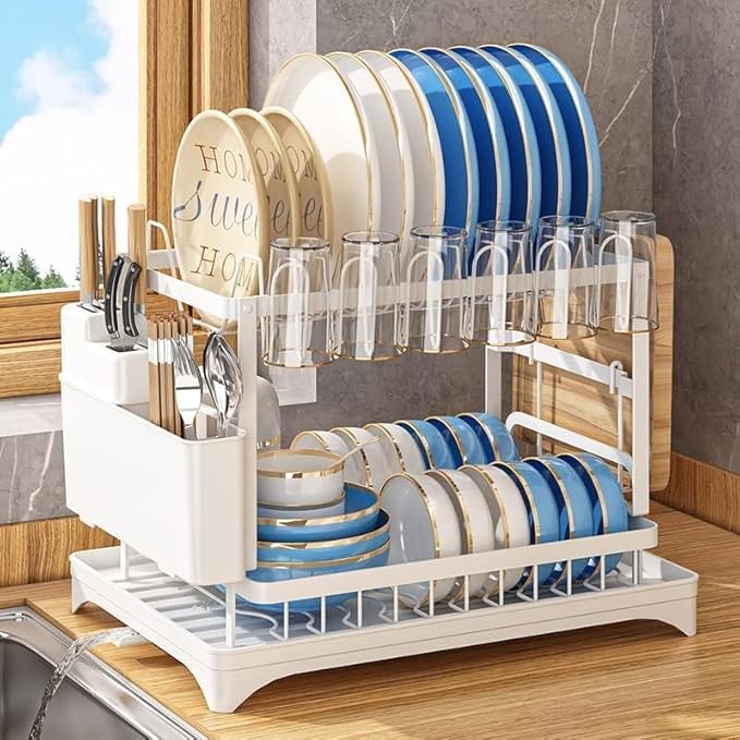 2 Tier Dish Racks for Kitchen Counter and Sink - Large Dish Drying Rack with Drainboard & Utensil Holders - Stainless Steel Dish Drainers Kitchen Organization and Storage for Space Saving (White)