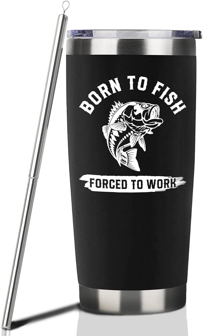 Fishing Gifts For Men Gifts for Fathers Day 20oz Black Born To Fish Forced to Work Travel Tumbler Birthday Christmas Presents For Grandpa Dad Uncle Boyfriend Fishing Lover Travel Cup With Lid Straw