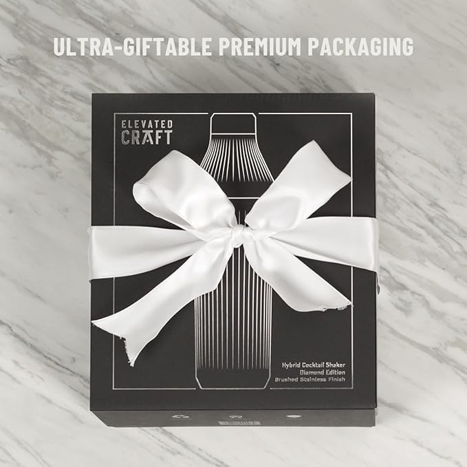 Elevated Craft Diamond Edition Hybrid Cocktail Shaker Set - Premium Vacuum Insulated Stainless Steel, 28 oz, Includes Built-In Strainer, Precise Measuring Top & XL Polishing Cloth - Martini Shaker