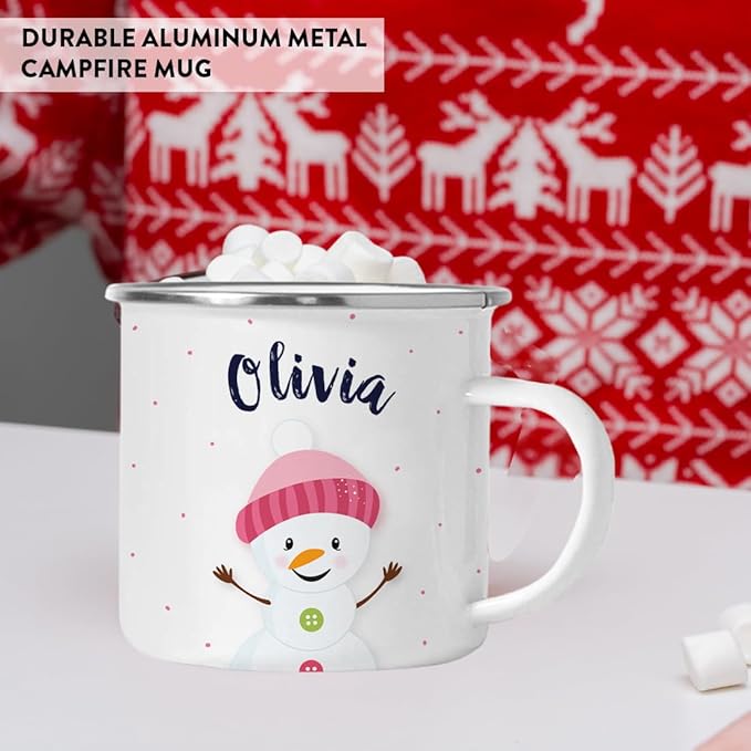 Andaz Press Personalized Name 11Oz. Kids Christmas Hot Chocolate Stainless Steel Campfire Coffee Mug, Charming Snowman Pink Hat Hello, 1-Pack, Custom Birthday Xmas Cup Hot Cocoa Mugs Christmas Mugs