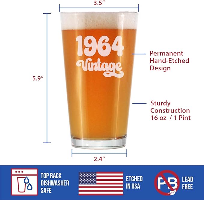 Vintage 1964 Pint Glass for Beer - 61st Birthday Gifts for Men or Women Turning 61 - Fun Bday Party Decor - 16 oz