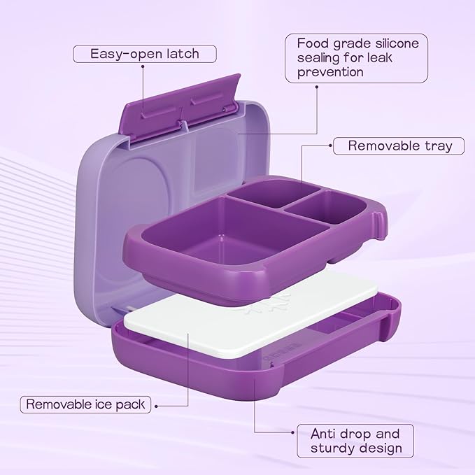MAISON HUIS Chill Bento Lunch Box for Kids Adult with Ice Pack 3 Compartments Leakproof Lunch Containers Keep Food Cold for Girl Boy School