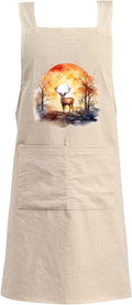 Cotton Linen Apron Non-tie Cross Back Kitchen Apron with Pockets Soft Comfortable Durable for Cooking Baking Gardening (Khaki,Deer)