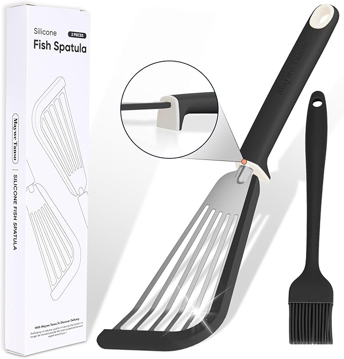 Fish Spatula,600℉ Heat Resistant Silicone Fish Spatula with Basting Brush,for Nonstick Cookware,Flexible Slotted Fishs Turner Spatulas,BPA Free,Dishwasher Safe(Black)