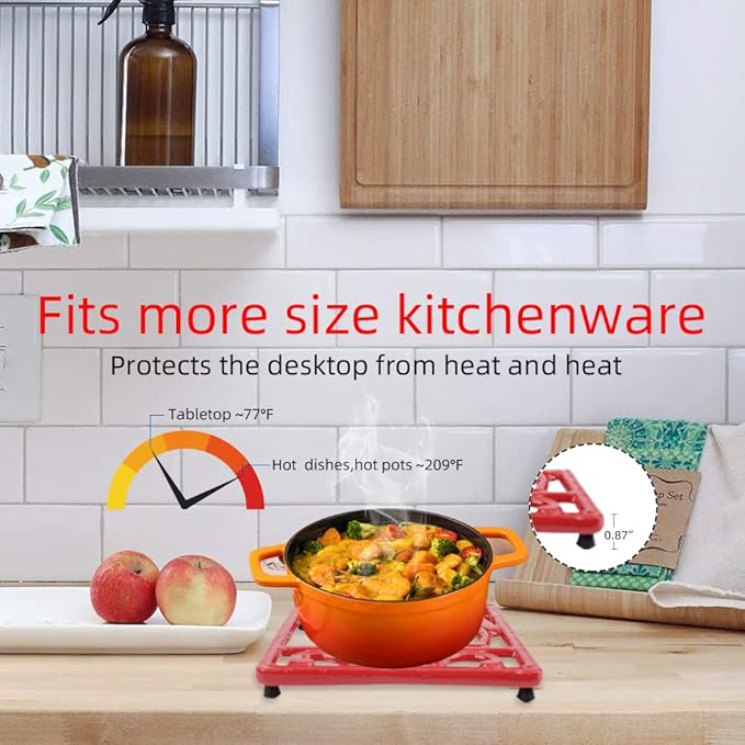 Vintage Square Cast Iron Trivet - Metal Trivet for Hot Dishes, Heat Resistant Trivet Mat for Kitchen Countertop Hot Pots and Pans, Red