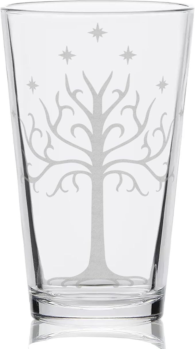 WHITE TREE OF MINAS TIRITH Engraved 16oz Pint Glass | Inspired by Tolkien Power Ring and Middle Earth | Great Christmas Gift Idea | Unique Elvish Fantasy Wizard Fantasy Decor!