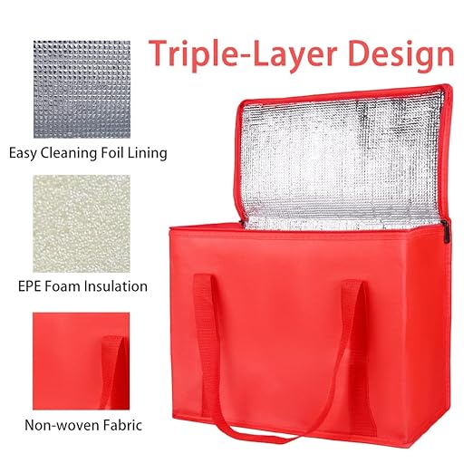 Bodaon 4-Pack Insulated Reusable Grocery Bag with Zippered Top, X-Large Cooler Bag for Picnic, Food Delivery Bags, Insulated Pizza Delivery Bags, Red