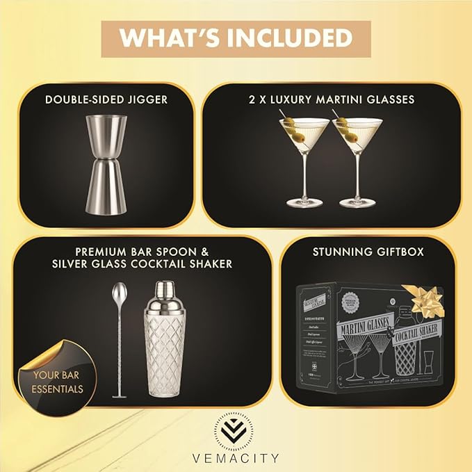 VEMACITY - Silver Luxury Home Mixology Cocktail Shaker Set with Silver Accessories + 2 Ribbed Espresso Martini Glasses - Glass Shaker with Built-In Strainer | Ideal for Christmas & New Years