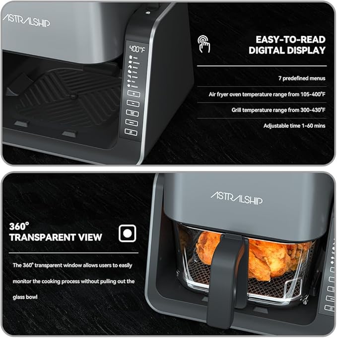 Astralship 2-in-1 Glass Air Fryer & Grill Combo, 4.2 QT + 1.3 QT Capacity, 7 Digital Presets, Small, Non-Toxic See-Through Glass Bowl, Low-Oil Healthy Cooking, Easy to Clean, Multi-Function Design