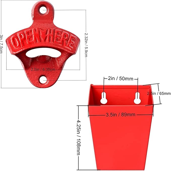 Red Cast Iron Beer Bottle Cap Opener Wall Mounted Soda Opener with Cap Catcher Bucket Narrow Bundle
