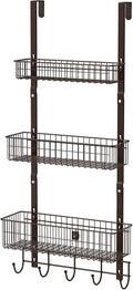 Over the Door Basket Organizer 3 Tier Hanging Basket Door Shelf Rack Heavy Duty Over Door Pantry Organizer with 3 Metal Baskets for Kitchen Bathroom Bedroom Living Room, Dark Brown