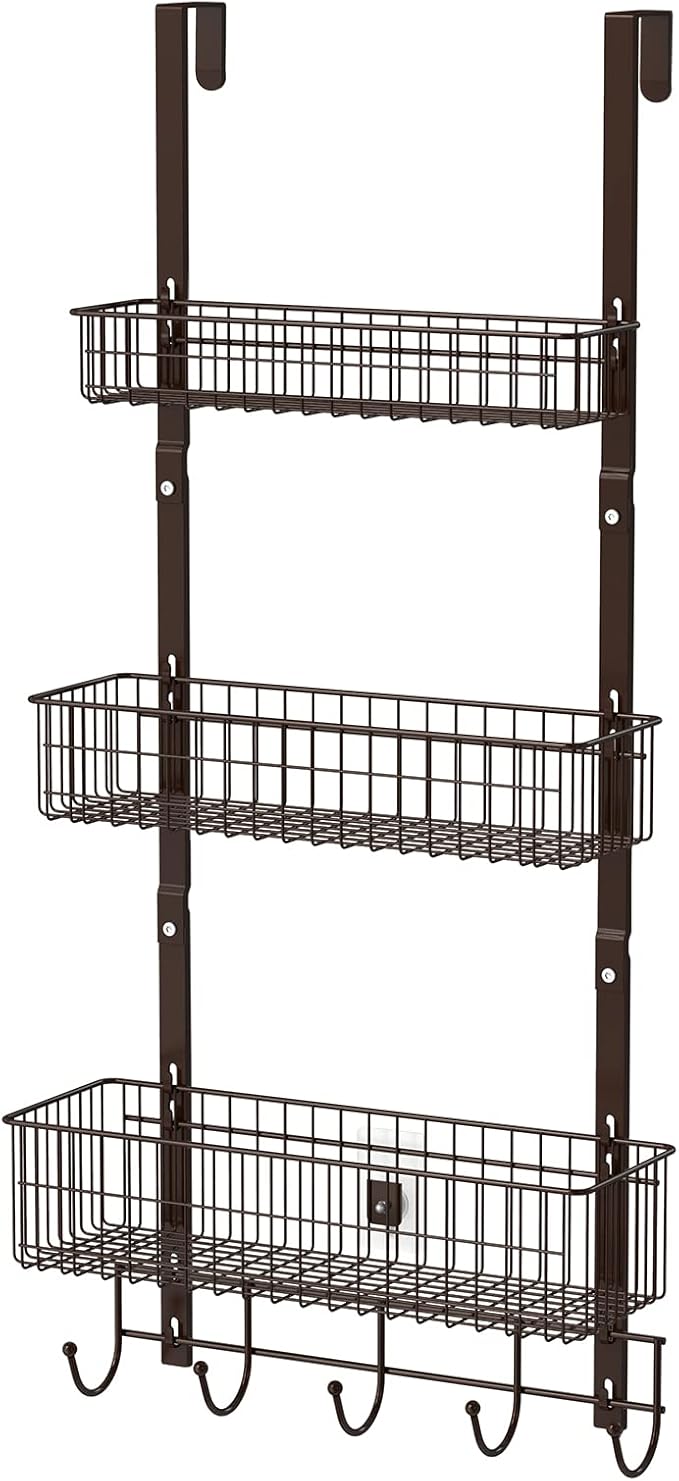 Over the Door Basket Organizer 3 Tier Hanging Basket Door Shelf Rack Heavy Duty Over Door Pantry Organizer with 3 Metal Baskets for Kitchen Bathroom Bedroom Living Room, Dark Brown