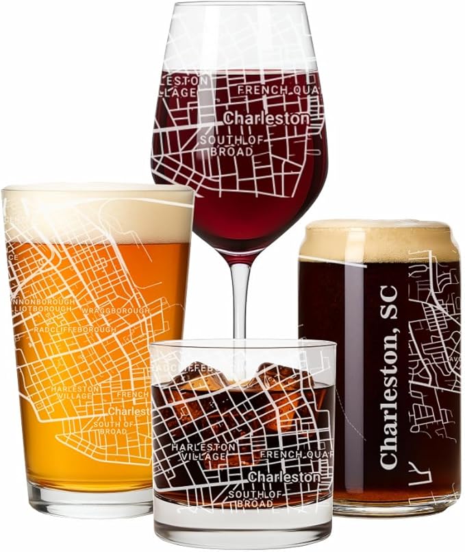 Blue Ridge Mountain Gifts - Charleston Souvenir - South Carolina Glassware Gift, Etched City Map, Laser Engraved and Dishwasher Safe