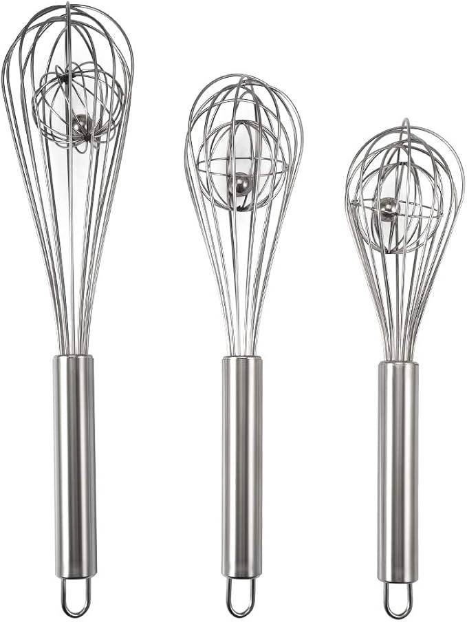 3 Pack 8, 10, 12 inches Balloon Whisk Double Balloon Wire Whisk Blending Whisking Beating Stirring Egg Beater Stainless Steel (with inside Ball)